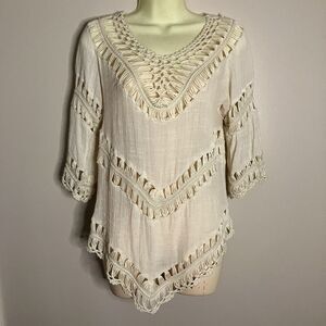 Womens Boho Crochet 3/4 Length Sleeve Beige Top Festival Summer Coastal Cowgirl